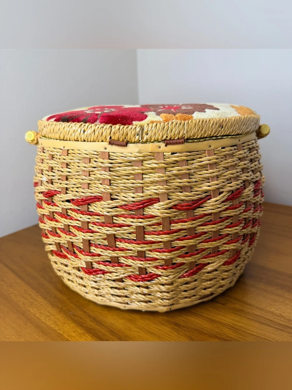 Vintage 1970s Woven Sewing Basket Box Made in Japan Velvet Floral Lid Retro